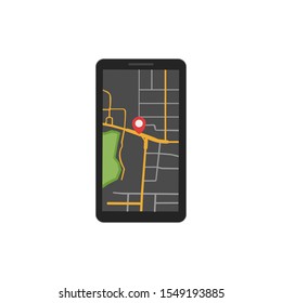 Smartphone with GPS navigation in dark mode and a red pointer. Black mode tracking map. Track navigation pins on street maps, navigate mapping technology and locate position pin.