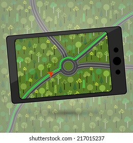 Smartphone with GPS navigation. Device with Global Positioning System module. Navigation in countryside green forest. Navigation within a roundabout in a country where traffic drives on the left. 