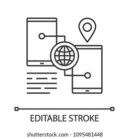 Smartphone GPS navigation linear icon. Tracking phone location. Contour symbol. Vector isolated outline drawing. Editable stroke