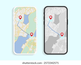 Smartphone GPS Navigation: Route Maps and City Location Features. GPS Maps and Street Location Search on smart mobile phone screen. Vector.