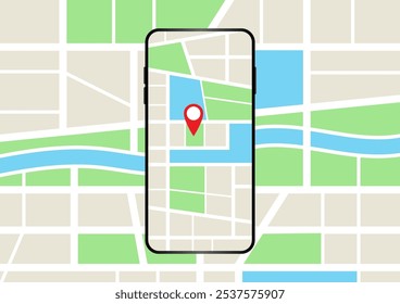 Smartphone com sistema de navegação GPS ou aplicativo de mapa. Ilustração de vetor.