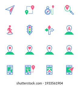 Smartphone gps navigator flat icons set, Colorful symbols pack contains - smartphone navigation, cursor arrow, destination point, traffic light, map marker. Vector illustration. Flat style design