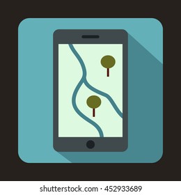 Smartphone with GPS navigator icon in flat style on a baby blue background