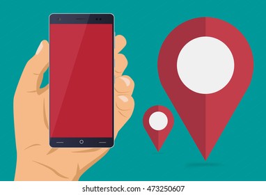 Smartphone with gps theme, cell phone with map and navigation pin, route travel with phone flat design vector illustration