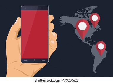 Smartphone with gps theme, cell phone with map and navigation pin, route travel with phone flat design vector illustration