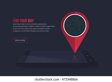 Smartphone with gps theme, cell phone with map and navigation pin, route travel with phone flat design vector illustration