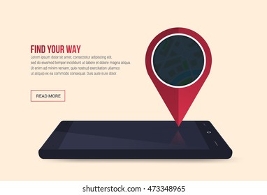 Smartphone with gps theme, cell phone with map and navigation pin, route travel with phone flat design vector illustration