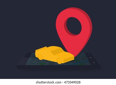 Smartphone with gps theme, cell phone with map and navigation pin, route travel with phone flat design vector illustration