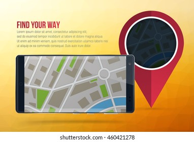 Smartphone with gps theme, floating cell phone with navigation pin vector illustration, vector mobile phone with rounded display
