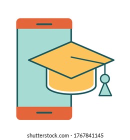 smartphone with graduation cap line and fill style icon design, Education online and elearning theme Vector illustration