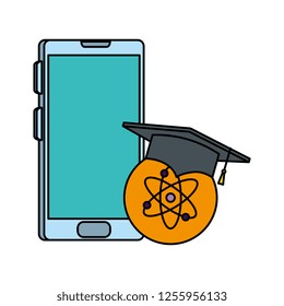 smartphone with graduation hat and atom
