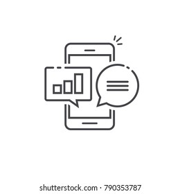 Smartphone with graph and charts in bubbles icon, analytics chat messages on cellphone, diagram data notifications on mobile phone, statistic or analysis sms talk vector illustration line outline art
