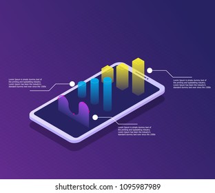 smartphone with graph on screen, business and market analysis isometric vector background