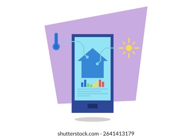 Smartphone with graphical representations related to home automation. Icons for temperature, sunlight, and energy metrics showing modern approach to smart living, facilitating energy management
