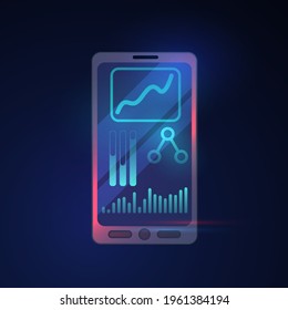 Smartphone with graphs and analytics on a dark background