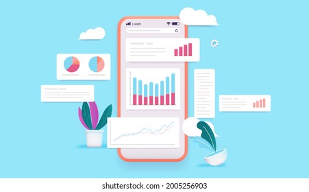 Smartphone con gráficos y gráficos - Teléfono con pantalla llena de datos y elementos infográficos. Ilustración vectorial colorida.