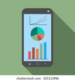 Smartphone with graphs, diagrams, statistics on its screen with drop shadow on green background. Flat style. EPS 8 vector illustration,