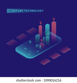 Smartphone with graphs in isometric design style on colored background. Graphic concept for your design.