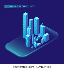 Smartphone with graphs in isometric design style on colored background. Graphic concept for your design.