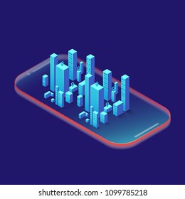 Smartphone with graphs in isometric design style on colored background. Graphic concept for your design.