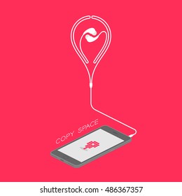 Smartphone gray color isometric flat design, map marker pixel icon red color on screen and map marker shape made from earphones cable illustration isolated on red background, with copy space