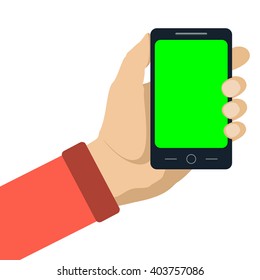 Smartphone with green blank screen in human hand. Flat style vector illustration isolated on white. Chroma key.