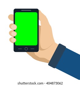 Smartphone with green blank screen in human hand. Flat style vector illustration isolated on white. Chroma key.