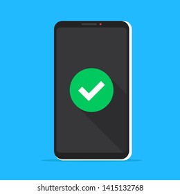 Smartphone with green check mark icon on screen. Mobile phone and checkmark. Modern flat design. Vector illustration