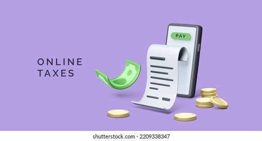 Smartphone with green dollar, coins and financial bill. Online taxes concept. Business banner for e-commerce service or app. Vector illustration in realistic 3D style