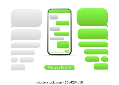 Smartphone with green Message bubbles icons for chat. Vector message bubbles design template.