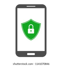 Smartphone and green shield with closed padlock on its screen. Vector.