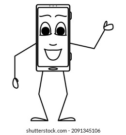 The smartphone greets, wide open mouth and eyes, waving his hand. A stylized smartphone with an emotion on the display. Vector icon, outline, cartoon, isolated. Editable stroke