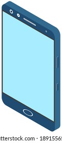 Gris Smartphone con pantalla táctil azul, sms parlantes, aplicación para la plantilla de comunicaciones aislado en blanco. Ilustración isométrica vertical del dispositivo moderno de telefonía móvil, tecnología inteligente