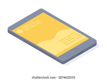 Gris Smartphone con pantalla táctil amarilla, sms parlantes, aplicación para la plantilla de comunicaciones aislada en blanco. ilustración del teléfono móvil con una aplicación abierta en pantalla, consulta con el médico
