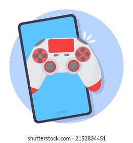 Smartphone con gamepad de color rojo gris sobre fondo de círculo rosa. concepto de juego móvil. Ilustración de estilo de diseño plano.