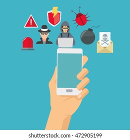 smartphone hacker bug alarm cyber security system technology icon. Colorful and flat design. Vector illustration