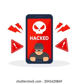 Smartphone with hacker and hacked message. Danger warning on mobile. Emergency alert of threat by malware, virus, trojan, or hacking. Creative antivirus or security concept. Trendy flat graphic icon.