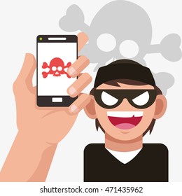smartphone hacker skull cyber security system technology icon. Flat design. Vector illustration