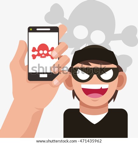 smartphone hacker skull cyber security system technology icon. Flat design. Vector illustration