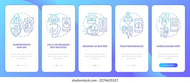 Smartphone hacking attacks blue gradient onboarding mobile app screen. Walkthrough 5 steps graphic instructions with linear concepts. UI, UX, GUI template. Myriad Pro-Bold, Regular fonts used