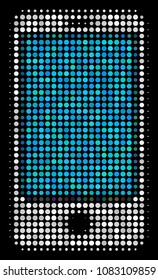 Smartphone halftone vector icon. Illustration style is pixelated iconic smartphone symbol on a black background. Halftone matrix is made with circle spots.