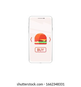 Smartphone with hamburger, burger fast food online store order vector isolated illustration.