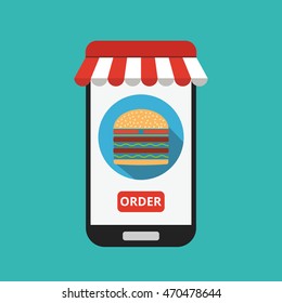Smartphone with hamburger on the screen. Order fast food concept. Flat vector illustration.