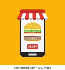 Smartphone with hamburger on the screen. Order fast food concept. Flat vector illustration.
