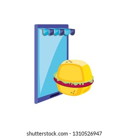 smartphone with hamburger and store parasol