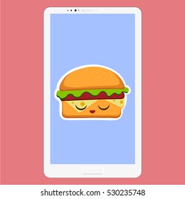 Smartphone with hamburger vector illustration in flat cartoon style. Fast food background in the screen. Hamburger emoticon characters fun face. Vector Illustration eps 10 for your design.