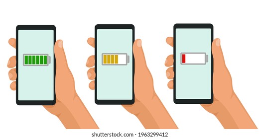 Smartphone in hand. 3 stages of battery charging. Vector drawings isolated from each other. Vector illustration on an isolated white background.