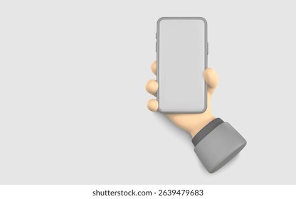 Smartphone in Hand 3D Render with Blank Screen for App, UI, or Website Mockup. Modern Mobile Technology Concept in Cartoon Style. Vector Illustration.