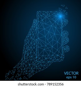 Smartphone in hand abstract image on a dark blue background. Fashionable concept of triangles, lines, dots, and starry sky. Vector eps 10.