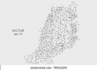 Smartphone in hand an abstract image on a white background. Fashionable concept of triangles, lines, dots, and starry sky. Vector eps 10.